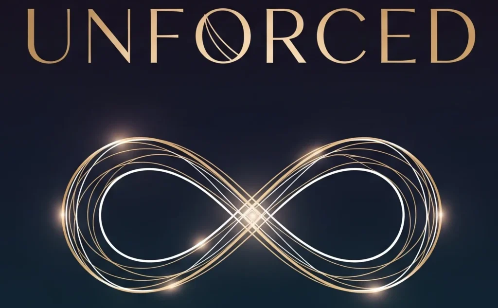 UNFORCED book logo with infinity symbol representing alignment, flow, and effortless creation according to the cosmos